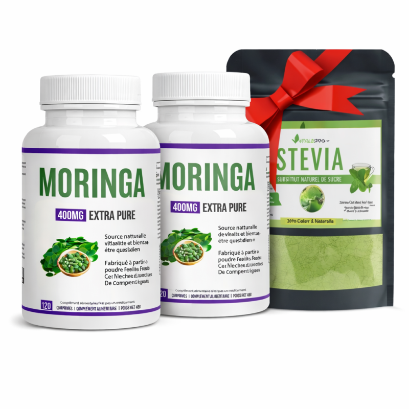 Moringa large format 120 tablets 400 mg 5 Two boxes of Moringa 400 mg tablets, 120 tablets each, with a free sachet of stevia powder