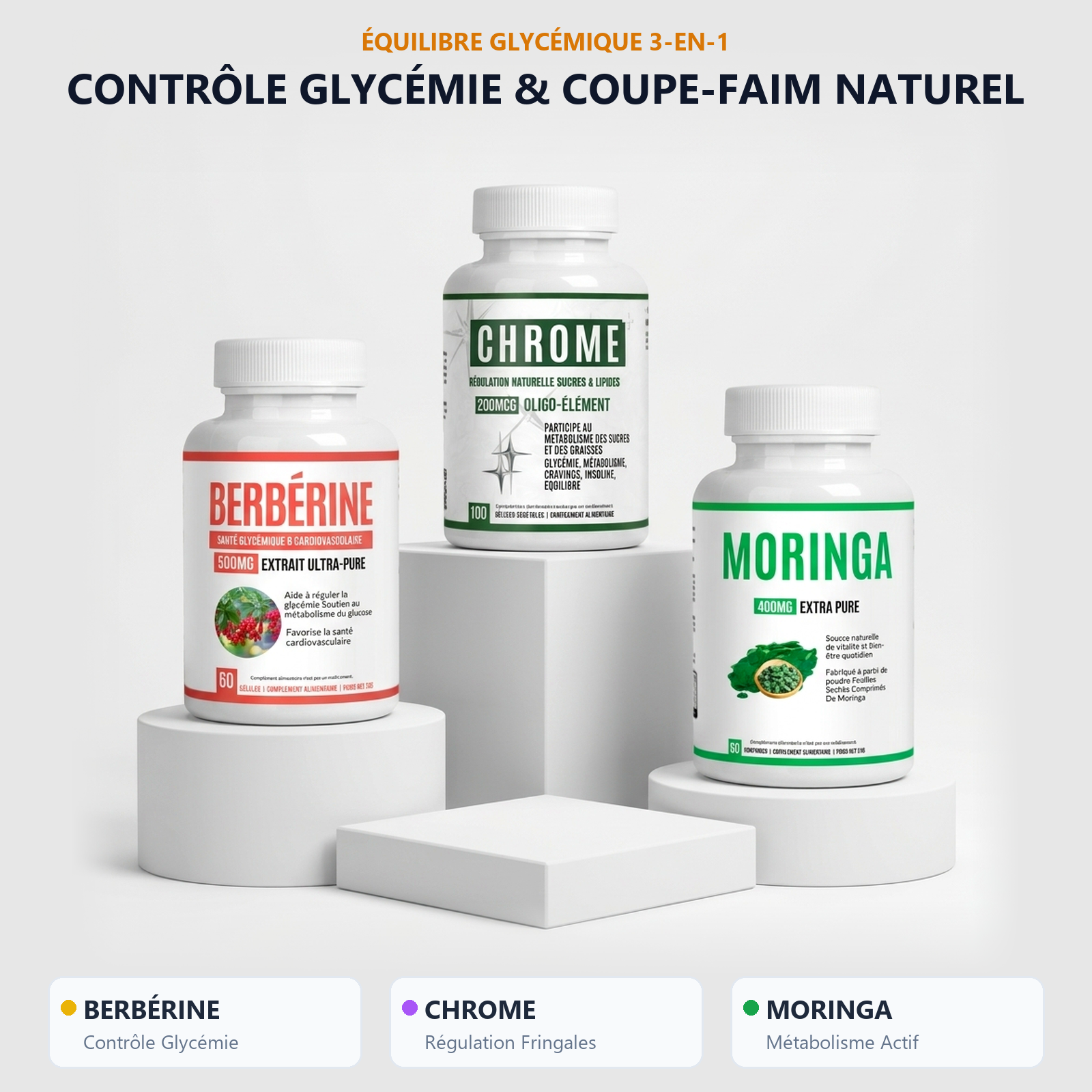 Pack Équilibre Glycémie : Berbérine, Chrome & Moringa — pour accompagner un mode de vie sain 1 Pack berbérine, chrome et moringa VitalisPro